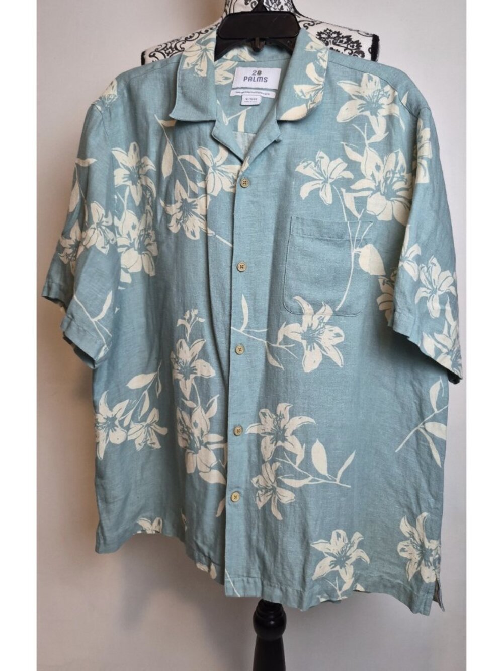 28 Palms Mens XL Silk Linen Shirt Sage Green Floral Lily Button Front Camp